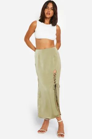 Boohoo Womens Satin Side Split Lace Up Midi Skirt - - 2