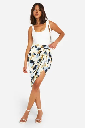 Boohoo Womens Floral Satin Draped Midi Skirt - - 2