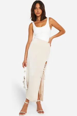 Boohoo Womens Satin Side Split Lace Up Midi Skirt - - 2