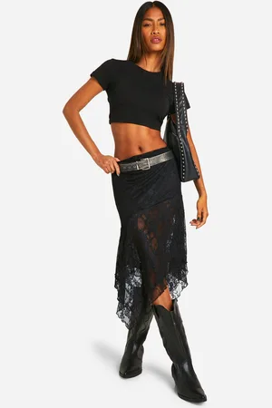 Boohoo Womens Lace Ruched Waistband Hanky Hem Midi Skirt - - 2