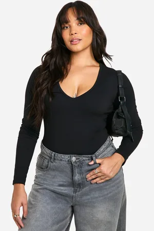 Boohoo Womens Plus Cotton Plunge Long Sleeve One Piece - - 12
