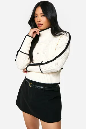 Boohoo Womens Petite Cable Knit Contrast Detail High Neck Sweater - - S
