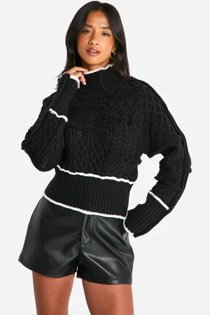 Boohoo Womens Petite Cable Knit Contrast Detail High Neck Sweater - - S
