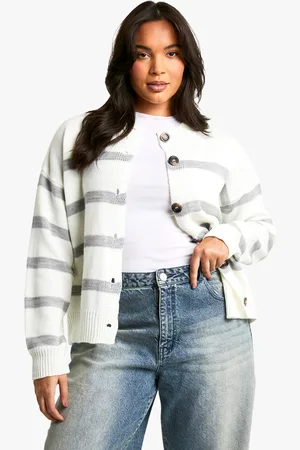 Boohoo Womens Plus Stripe Crew Neck Soft Knit Cardigan - - 12