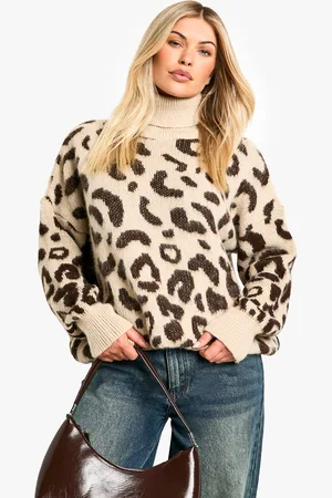 Boohoo Womens Roll Neck Leopard Print Soft Knit Sweater - - S