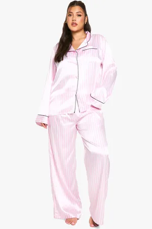 Boohoo Womens Plus Candy Stripe Satin Button Through Shirt & Trouser Pyjama Set - - 12
