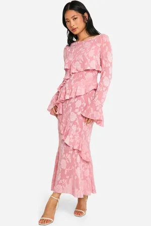 Boohoo Womens Petite Jacquard Floral Ruffle Midi Dress - - 2