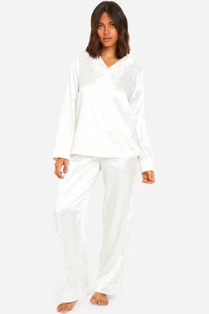 Boohoo Womens Leopard Jacquard Stripe Satin Pants Pj Shirt Set - - 2