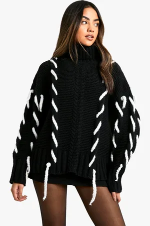 Boohoo Womens Chunky Turtleneck Knitted Contrast Stitch Sweater - - S