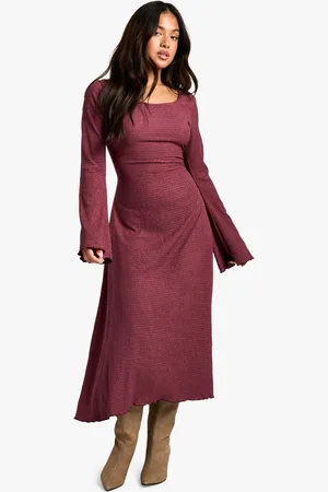 Boohoo Womens Petite Crinkle Square Neck Flared Midi Dress - - 2
