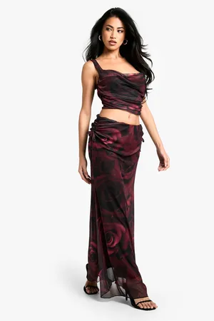 Boohoo Womens Rose Print Mesh Ruched Side Maxi Skirt - - 2