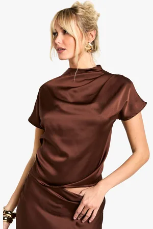 Boohoo Womens High Neck Satin Short Sleeve Blouse - - 2