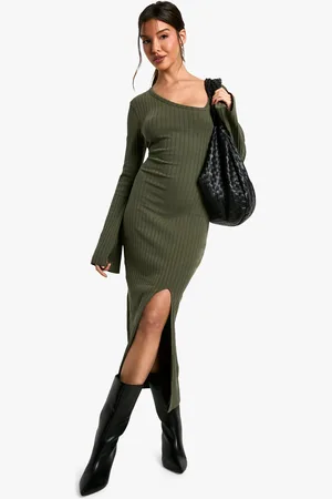 Boohoo Womens Wide Rib Asymmetric Neck Midi Dress - - 2