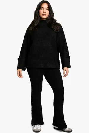 Boohoo Womens Plus Borg High Neck Cuff Detail Knitted Sweater And Flare Pants Two-Piece - - 12