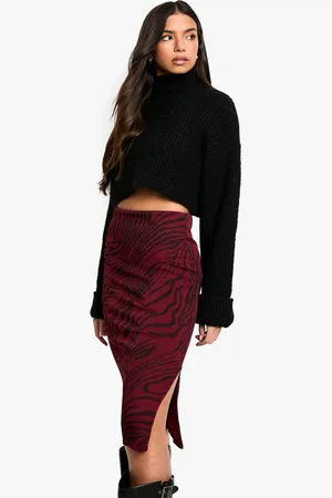 Boohoo Womens Zebra Print Rib Side Split Midi Skirt - - 2