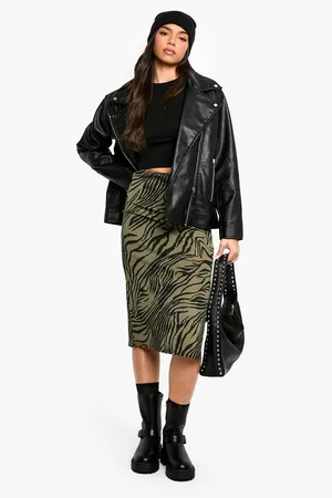 Boohoo Womens Zebra Print Rib Side Split Midi Skirt - - 2