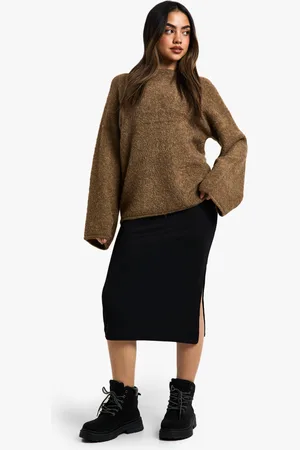 Boohoo Womens Rib Side Split Midi Skirt - - 2
