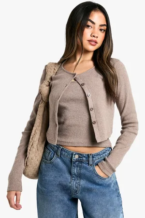 Boohoo Womens Brushed Rib Button Through Cardigan & Cami Top - - 2
