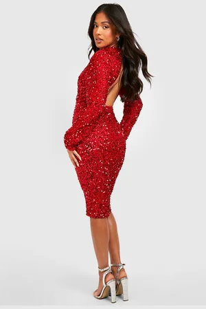 Boohoo Womens Petite Sequin Shoulder Pad Backless Midi Dress - - 0