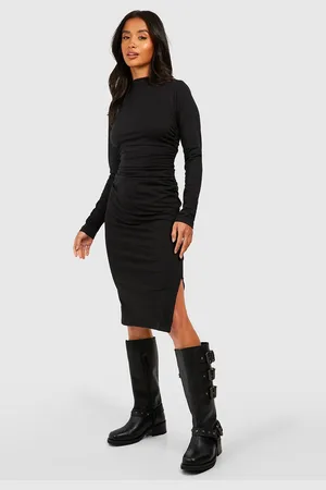 Boohoo Womens Petite Cotton Ruched High Neck Midi Dress - - 2