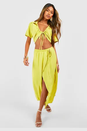 Boohoo Womens Hammered Ruched Front Shirt & Wrap Midi Skirt - - 2