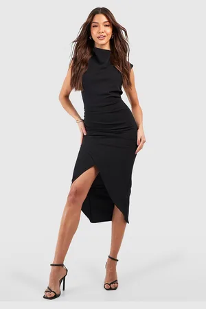 Boohoo Womens Crepe Cowl Neck Drape Wrap Front Midi Dress - - 2