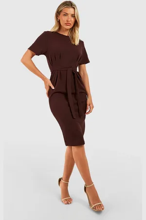 Boohoo Womens Jersey Knit Crepe Pleat Front Belted Midi Dress - - 2