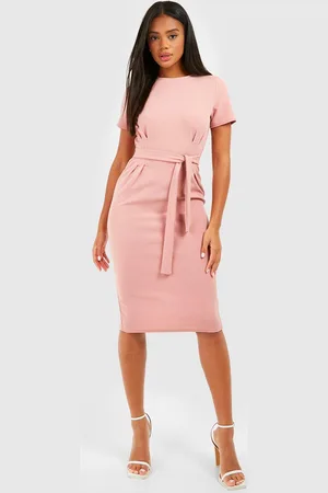 Boohoo Womens Jersey Knit Crepe Pleat Front Belted Midi Dress - - 2