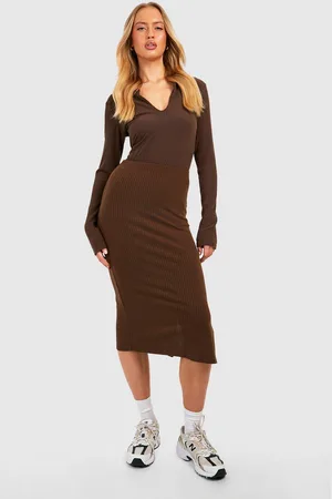 Boohoo Womens Tall Knitted Rib Split Front Mix And Match Midi Skirt - - 2