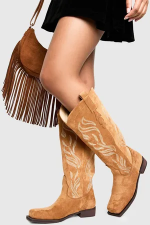 Boohoo Womens Faux Suede Embroidered Flat Western Boots - - 5