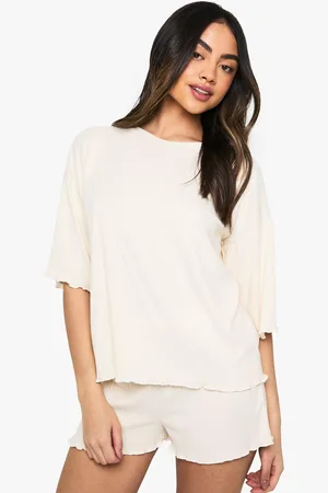 Boohoo Womens Loungewear Soft Rib Lettuce Hem T-Shirt & Shorts Pyjama Set - - 2