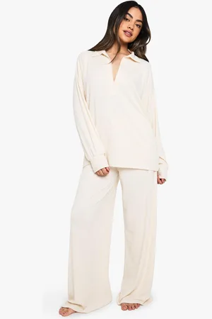 Boohoo Womens Loungewear Soft Rib Collared Long Sleeve Top & Pants Pyjama Set - - 2