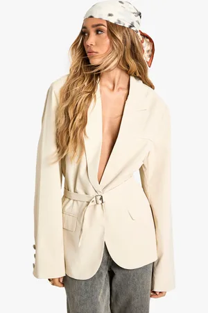 Boohoo Womens Premium Woven Oversized Cinched Waist Belted Blazer - - 4