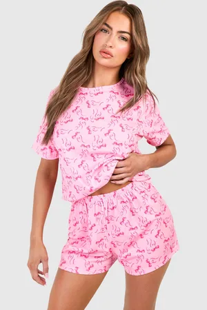 Boohoo Womens Bow Print Short Sleeve T-Shirt & Shorts Pyjama Set - - 2