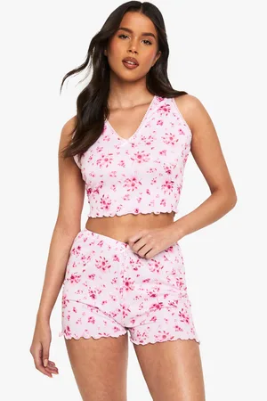 Boohoo Womens Floral Print Lace Trim Tank & Shorts Pyjama Set - - 2