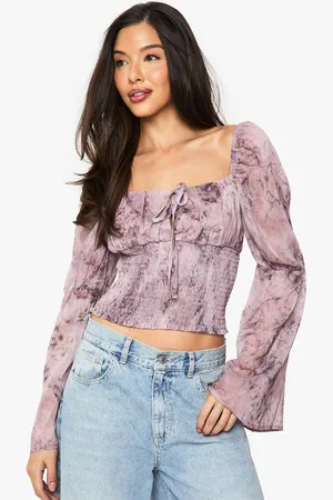 Boohoo Womens Floral Chiffon Tie Front Shirred Blouse - - 2