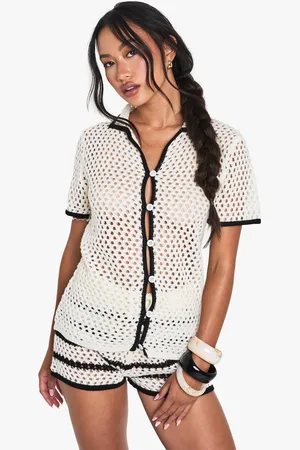 Boohoo Womens Crochet Oversized Contrast Stitch Shirt And Stripe Short Co-Ord - - S