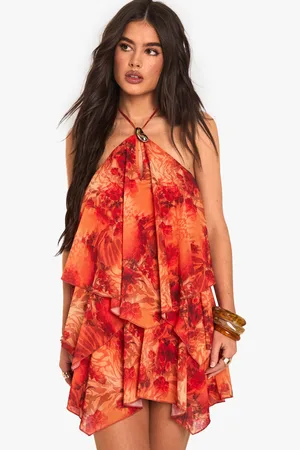 Boohoo Womens Abstract Halterneck Tiered Mini Dress - - 4