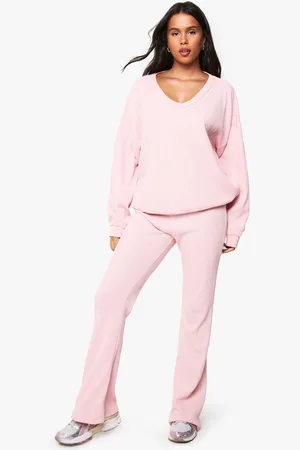 Boohoo Womens Waffle V Neck Slouchy Sweater And Flared Jogger Tracksuit - - S