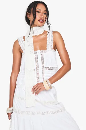 Boohoo Womens Cotton Poplin Lace Trim Embroidered Square Neck Cami - - 2
