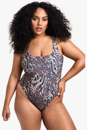 Boohoo Womens Plus Swimwear Essentials Leopard Scoop Neck Bathing Suit - - 12