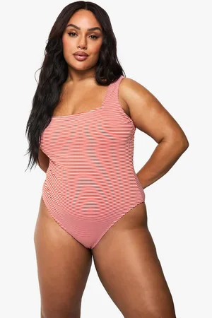 Boohoo Womens Plus Seersucker Stripe Scoop Neck Bathing Suit - - 12