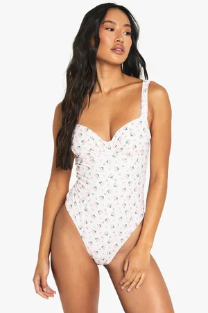 Boohoo Womens Swimwear Essentials Ditsy Floral Ruched Underwire Bathing Suit - - 2