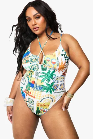 Boohoo Womens Plus Postcard Print Tie Front Bathing Suit - - 12