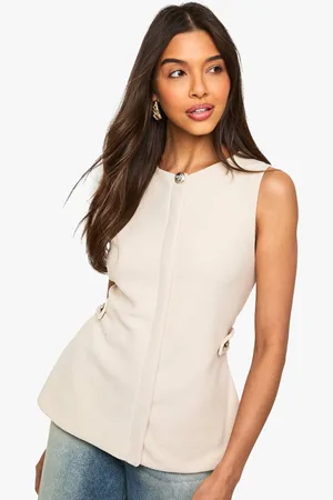 Boohoo Womens Textured Gold Button Cinched Waist Sleeveless Waistcoat - - 4