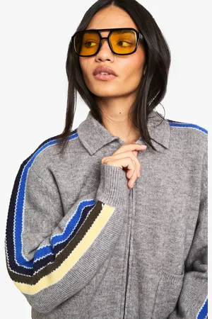 Boohoo Womens Knitted Zip Through Stripe Sleeve Cardigan - - M