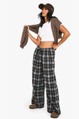 Boohoo Womens Petite Flannel Wide Leg Drawcord Waist Pants - - 4