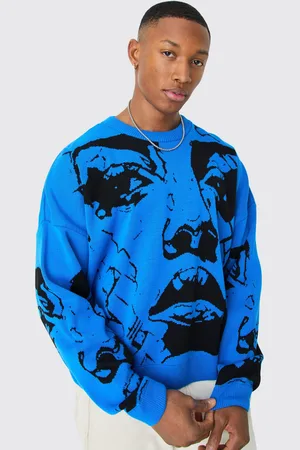 Boohoo Mens Oversized Boxy Drop Shoulder Face Jacquard Knit Sweater