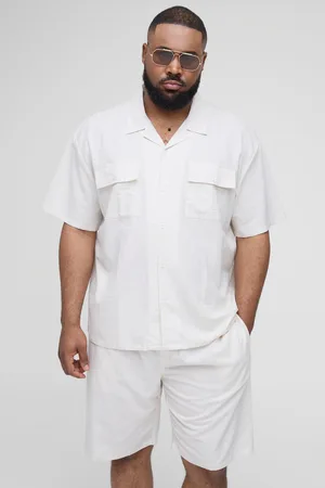 Boohoo Mens Plus Oversized Short Sleeve Linen Cargo Shirt & Short Set
