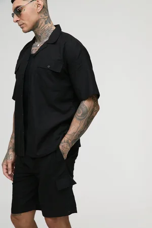 Boohoo Mens Tall Oversized Short Sleeve Linen Cargo Shirt & Short Set
